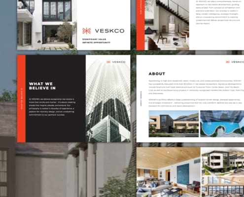 A beautifully designed pitch deck for VESKO real estate investment, created by Here Molly Girl