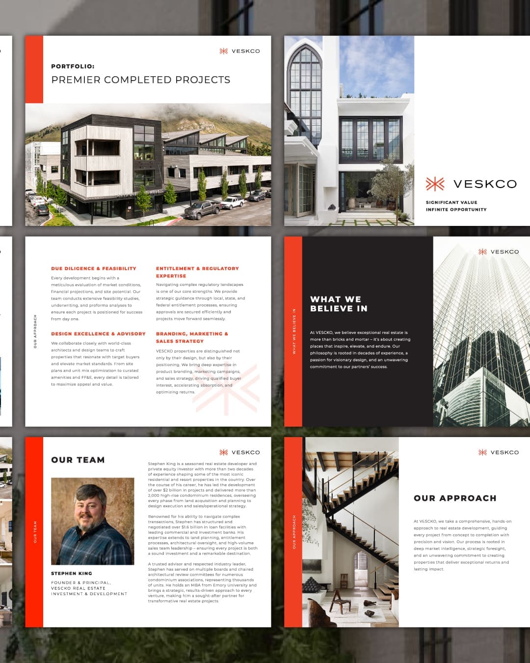 A beautifully designed pitch deck for VESKO real estate investment, created by Here Molly Girl